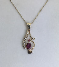 Load image into Gallery viewer, 2 real red rubies, 12 white diamonds and handmade 14kg leaf and swirly vine pendant
