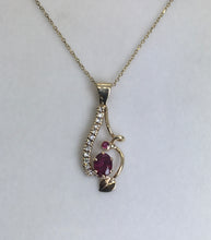Load image into Gallery viewer, 2 real red rubies, 12 white diamonds and handmade 14kg leaf and swirly vine pendant