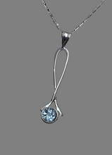 Load image into Gallery viewer, sparkling round aquamarine in white gold exclamation point pendant