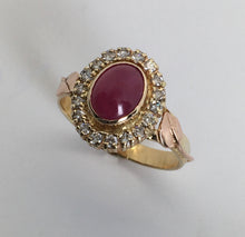 Load image into Gallery viewer, luminous ruby in a bezel with 18 diamonds, leaves & vines