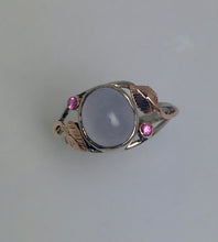Load image into Gallery viewer, sensuous oval blue chalcedony bezel set with bright pink sapphires in open-work rose and white 14Kg ring with leaf pattern
