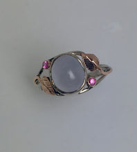 Load image into Gallery viewer, sensuous oval blue chalcedony bezel set with bright pink sapphires in open-work rose and white 14Kg ring with leaf pattern