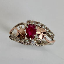 Load image into Gallery viewer, deep red ruby with 14 diamonds, leaves and vines in 14K rose and white gold