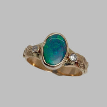 Load image into Gallery viewer, blue/green  bezel set lightning ridge opal ring, handmade