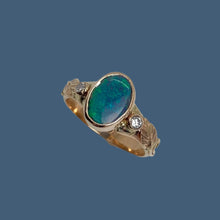 Load image into Gallery viewer, deep blue/green lightning ridge opal and diamond ring