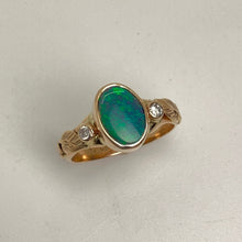 Load image into Gallery viewer, brilliant blue/green Australian Lightning Ridge opal with diamonds