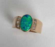 Load image into Gallery viewer, green/blue flash in solid extra fine opal ring with 6 diamonds, 14 yellow gold