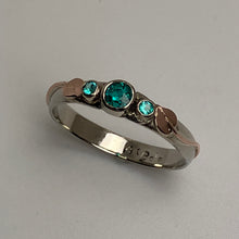 Load image into Gallery viewer, artist made ring with 3 bezel set Perieba Tourmalines in white gold with rose gold leaves and vines
