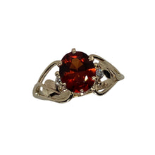 Load image into Gallery viewer, reddish orange garnet in prong setting, 14K yellow gold with 2  recycled diamonds