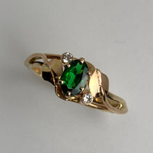 Load image into Gallery viewer, 14K gold ring with oval green tsavorite garnet and 2 diamonds with leaves