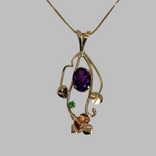 Load image into Gallery viewer, exotic pendant with amethyst and tsavorite garnet, artistic flower and leaves setting in 14KG