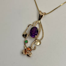 Load image into Gallery viewer, rain forest inspired amethyst and tsavorite garnet pendant with leaves & flower, 14Kg