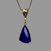 Load image into Gallery viewer, blue lapis pendant, small diamond and a handmade leaf on the bale, 14K gold box chain