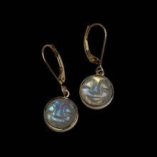 Load image into Gallery viewer, Pair of carved moonstone face earrings in 14K yellow gold
