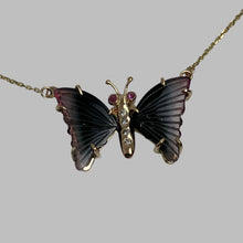 Load image into Gallery viewer, Butterfly-shaped necklace with tourmaline wings, pink sapphire eyes and a diamond studded body
