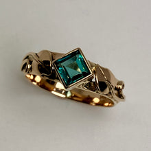 Load image into Gallery viewer, 14K Gold ring with a square blue tourmaline, ivy leaves and vines