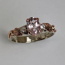 Load image into Gallery viewer, white gold ring with a pink morganite, 2 diamonds and rose gold leaves