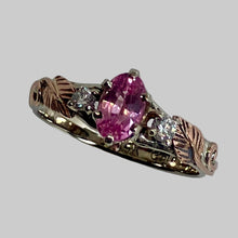 Load image into Gallery viewer, 14K white ring with peachyy/pink Sapphire nd 2 diamond accents with 14K rose gold leaves