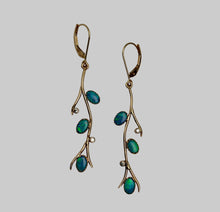 Load image into Gallery viewer, Pair of 14k gold earrings with natural opals and reccycled diamonds