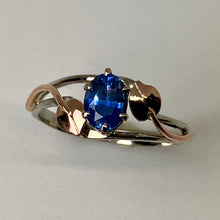 Load image into Gallery viewer, 14K white gold ring with an oval blue sapphire and 2 14k rose gold leaves