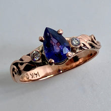 Load image into Gallery viewer, Rose gold ring with a rare natural purple sapphire, diamonds leaves and vines