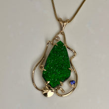 Load image into Gallery viewer, natura[ green geode-like Garnet freeform gem set with small diamond and tanzanite in 14K yellow gold pendant