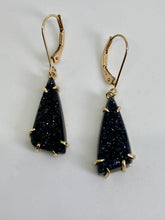 Load image into Gallery viewer, Black freeform triangular drop earrings with 14K yellow gold prongs and earwires