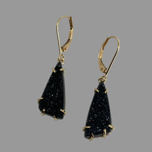 Load image into Gallery viewer, sparkling black triangular stone earrings with 14K yellow gold prongs and earwires