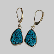 Load image into Gallery viewer, Kingman spiderweb Turquoise earrings with 14K yellow gold bezels and earwires.