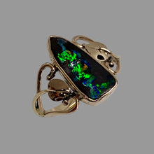Load image into Gallery viewer, free form Boulder Opal bezel set in 14K yellow gold, handmade open heart with leaves setting