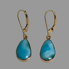 Load image into Gallery viewer, 14K gold gumdrop earrings have mottled turquoise blue stones on Eurowires.
