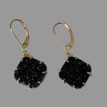 Load image into Gallery viewer, A pair of sparkling square black onyx druzy stones, in 14K yellow gold with 8 handmade prongs per earring.