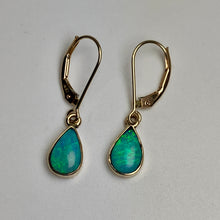 Load image into Gallery viewer, A pair of 14K gold leverback opal drop earrings, teardrop-shaped iridescent green and blue.