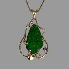 Load image into Gallery viewer, rare green sparkly freeform garnet with a diamond and tanzanite on a chain all 14K yellow gold