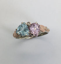 Load image into Gallery viewer, Sparkling Aquamarine next to gorgeous Morganite with rose gold leaves on white gold band
