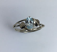 Load image into Gallery viewer, shiny soft blue faceted Aquamarine in white gold ring with custom leaf and vine motif