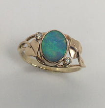 Load image into Gallery viewer, Blue/Green Opal Ring with Diamonds and Leaves