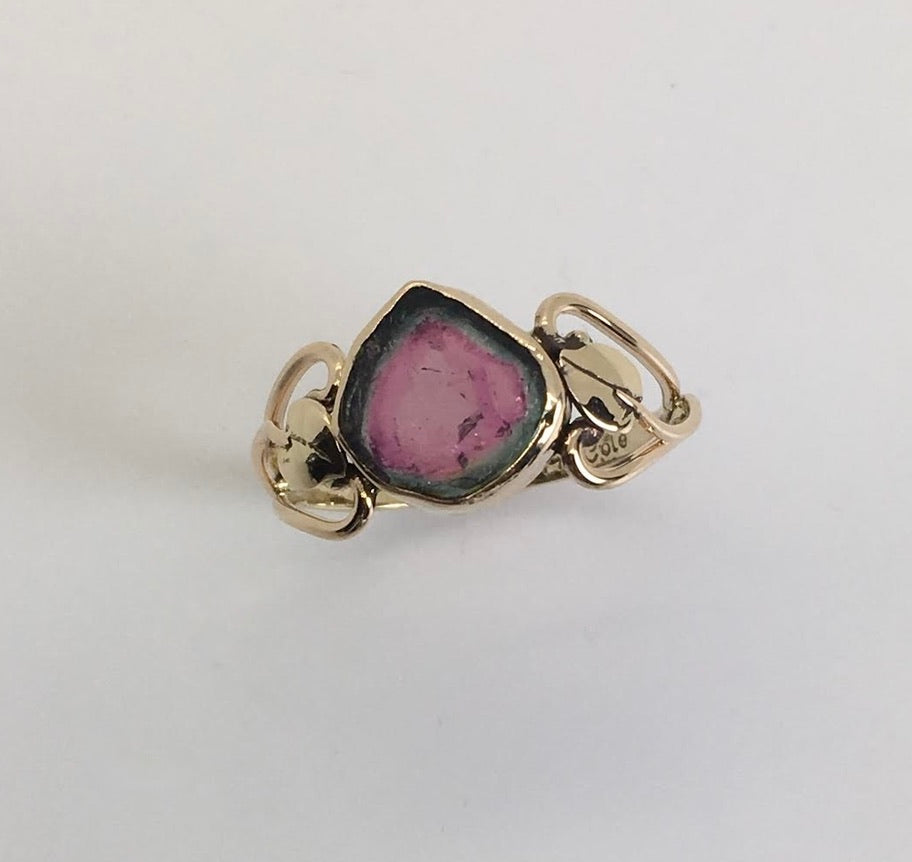 Watermelon Tourmaline Open Heart with Leaves Ring