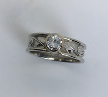 Load image into Gallery viewer, sparkling  bezel set round diamond ring with leaves in 14K white gold