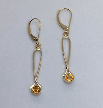 Load image into Gallery viewer, sparkling round bezel set amber colored citrines in 14K gold dangling exclamation point earrings