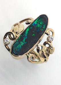 Boulder Opal Ring with Diamonds, Leaves & Swirls