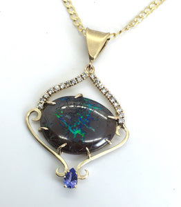 Boulder Opal, Tanzanite and Diamonds Pendant