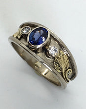 Load image into Gallery viewer, Ceylon Sapphire and Diamond Recessed Wide Band Ring, Mixed Golds
