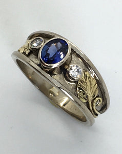 Ceylon Sapphire and Diamond Recessed Wide Band Ring, Mixed Golds