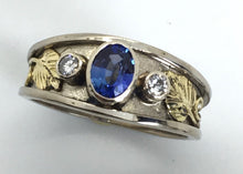 Load image into Gallery viewer, unique sapphire, diamonds and mixed gold ring
