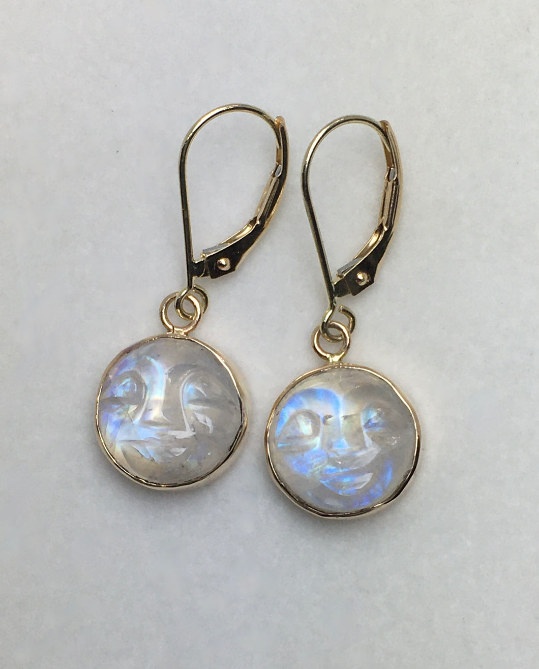 Rainbow Moonstone with Carved Faces Gumdrop Earrings