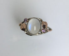 Load image into Gallery viewer, mesmerizing oval Moonstone, pink sapphires rose &amp; white gold ring
