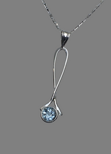 Load image into Gallery viewer, sparkling round aquamarine in white gold exclamation point pendant
