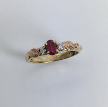 Load image into Gallery viewer, deep red ruby with recuycled diamonds and leaves
