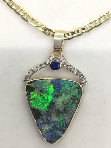 extraordinarily brilliant boulder opal pendant with diamonds & tanzanite